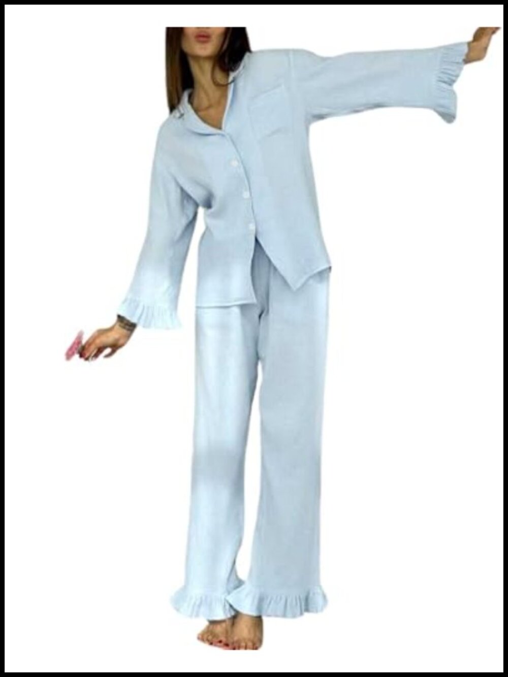Women's 3 Piece Cotton Gauze Muslin Pajama Set Ruffle Long Sleeve Button Down